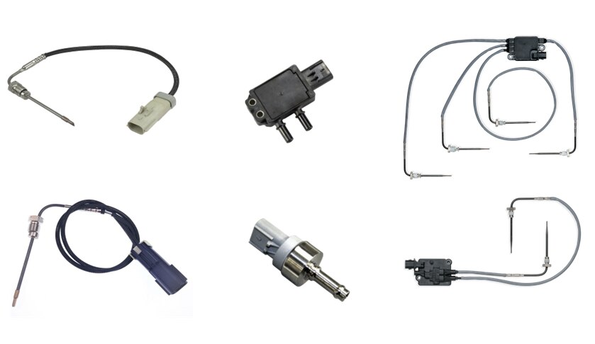 Photos of four temperature sensors (one four-probe, one two-probe, two single-probe), a differential pressure sensor, and a pressure sensor for heavy-duty exhaust aftertreatment systems, sold by Skyline Emissions