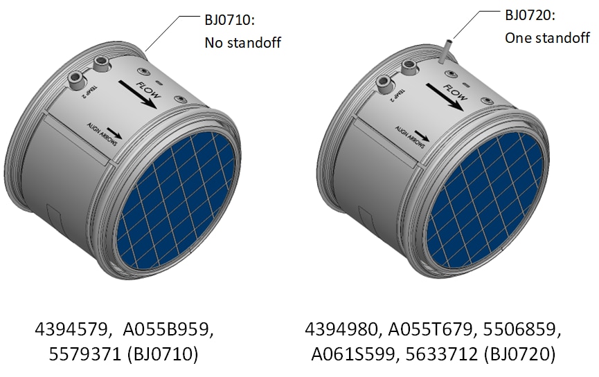 Illustration comparing Skyline DPFs BJ0710 and BJ0720. BJ0720 has one standoff while BJ0710 doesn't have any standoffs