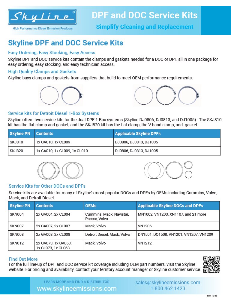 A thumbnail image of a brochure from Skyline Emissions called DPF and DOC Service Kits