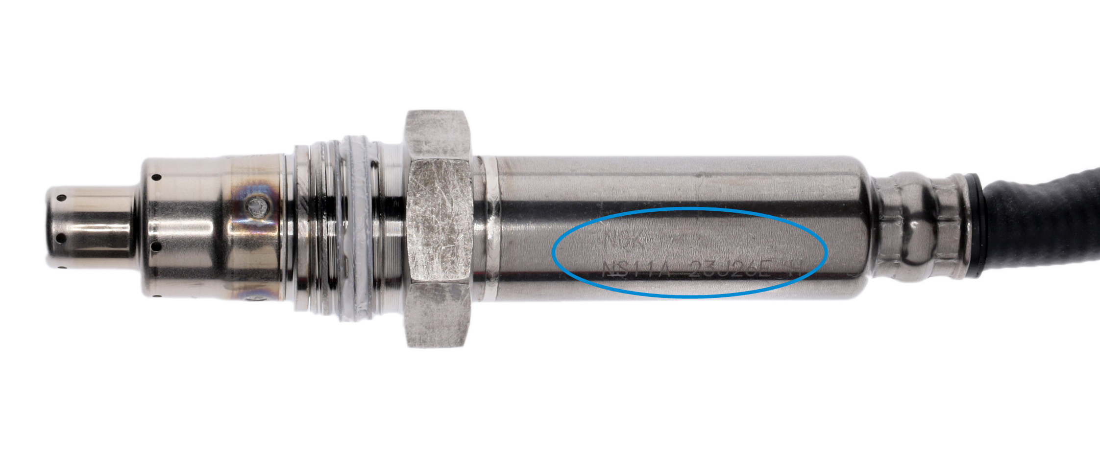 A photograph of a Skyline OE manufactured NOx sensor with the NGK marking identified by a blue oval